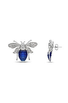White Rhodium Finish Sapphire Spinel Stone Honey Bee Stud Earrings In Sterling Silver