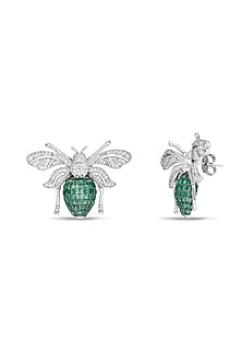 White Rhodium Finish Emerald Spinel Stone Honey Bee Stud Earrings In Sterling Silver