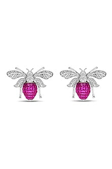 White Rhodium Finish Ruby Spinel Stone Honey Bee Stud Earrings In Sterling Silver