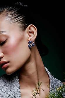 White Rhodium Finish Sapphire Spinel Stone Stud Earrings In Sterling Silver