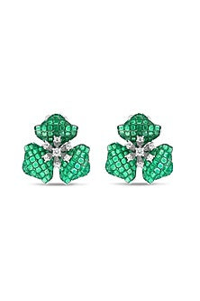 White Rhodium Finish Emerald Spinel Stone Stud Earrings In Sterling Silver