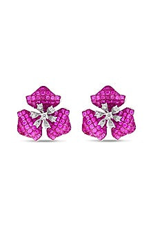 White Rhodium Finish Ruby Spinel Stone Stud Earrings In Sterling Silver