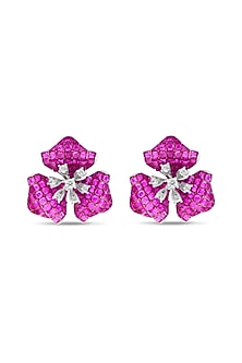 White Rhodium Finish Ruby Spinel Stone Stud Earrings In Sterling Silver