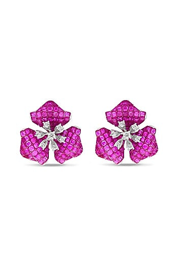 White Rhodium Finish Ruby Spinel Stone Stud Earrings In Sterling Silver