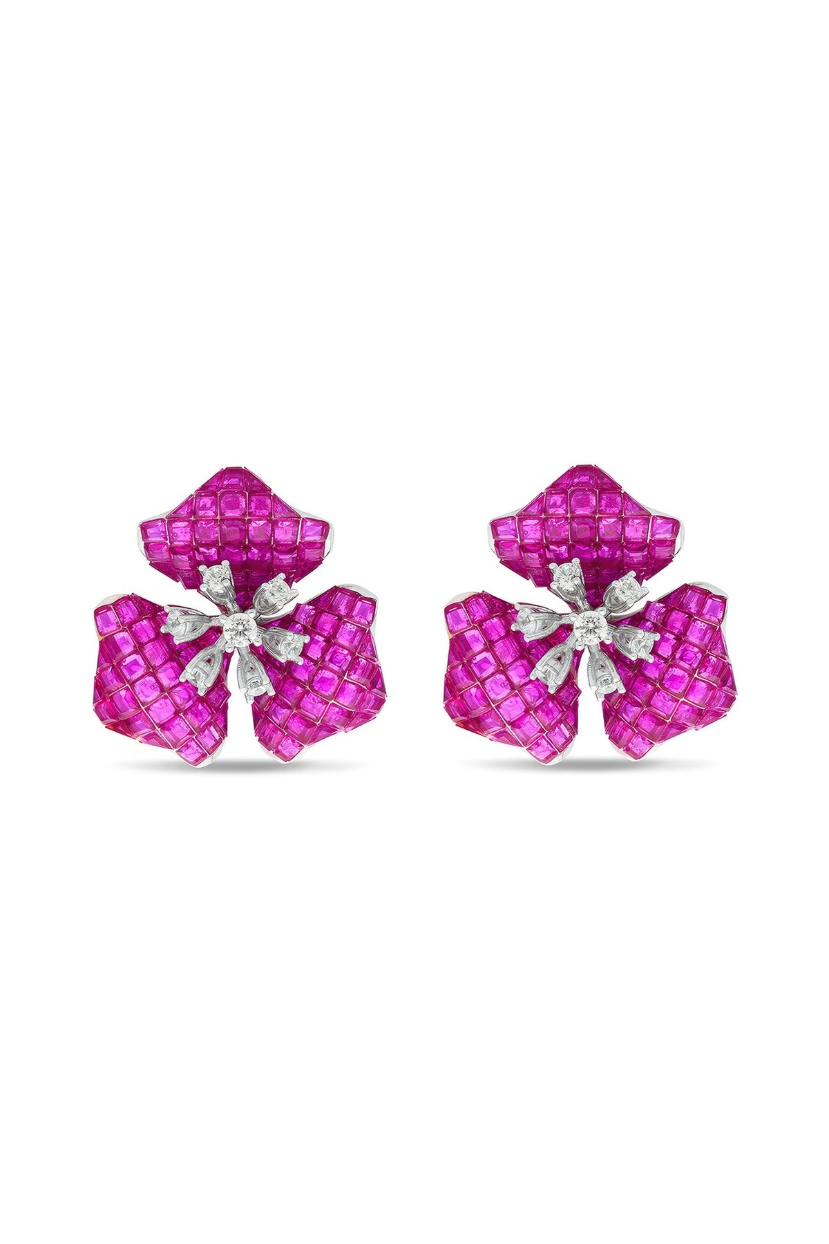 White Rhodium Finish Ruby Spinel Stone Stud Earrings In Sterling Silver