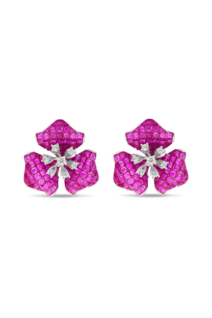 White Rhodium Finish Ruby Spinel Stone Stud Earrings In Sterling Silver