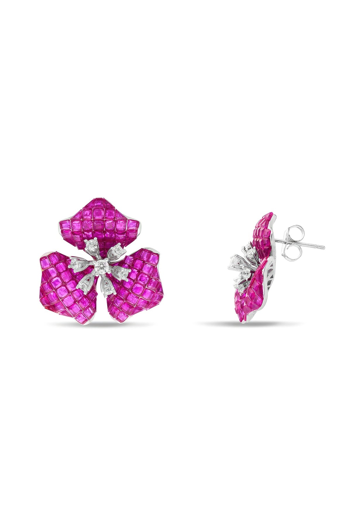 White Rhodium Finish Ruby Spinel Stone Stud Earrings In Sterling Silver