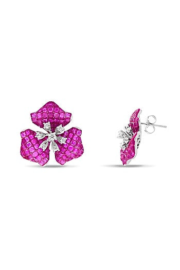 White Rhodium Finish Ruby Spinel Stone Stud Earrings In Sterling Silver