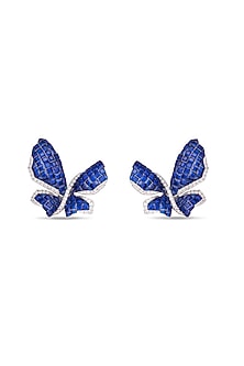 White Rhodium Finish Sapphire Spinel Stone Butterfly Stud Earrings In Sterling Silver