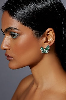 White Rhodium Finish Emerald Spinel Stone Butterfly Stud Earrings In Sterling Silver