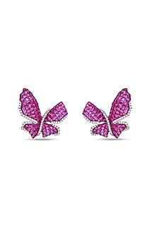 White Rhodium Finish Ruby Spinel Stone Butterfly Stud Earrings In Sterling Silver