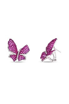 White Rhodium Finish Ruby Spinel Stone Butterfly Stud Earrings In Sterling Silver