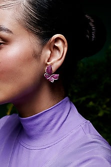 White Rhodium Finish Ruby Spinel Stone Butterfly Stud Earrings In Sterling Silver