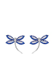 White Rhodium Finish Sapphire Spinel Stone Dragonfly Stud Earrings In Sterling Silver