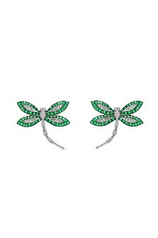 White Rhodium Finish Emerald Spinel Stone Dragonfly Stud Earrings In Sterling Silver