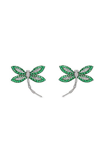 White Rhodium Finish Emerald Spinel Stone Dragonfly Stud Earrings In Sterling Silver