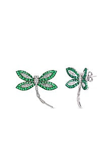 White Rhodium Finish Emerald Spinel Stone Dragonfly Stud Earrings In Sterling Silver
