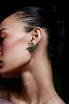 White Rhodium Finish Emerald Spinel Stone Dragonfly Stud Earrings In Sterling Silver