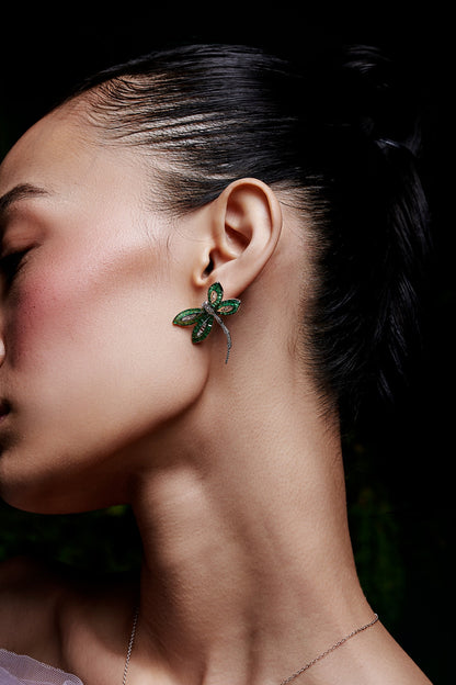 White Rhodium Finish Emerald Spinel Stone Dragonfly Stud Earrings In Sterling Silver