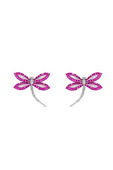 White Rhodium Finish Ruby Spinel Stone Dragonfly Stud Earrings In Sterling Silver