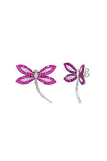 White Rhodium Finish Ruby Spinel Stone Dragonfly Stud Earrings In Sterling Silver