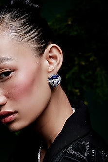 White Rhodium Finish Sapphire Spinel Stone Floral Stud Earrings In Sterling Silver