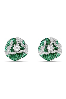 White Rhodium Finish Emerald Spinel Stone Floral Stud Earrings In Sterling Silver