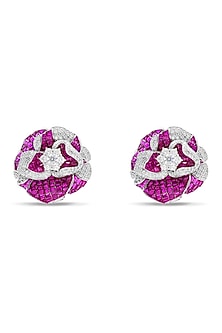 White Rhodium Finish Ruby Spinel Stone Floral Stud Earrings In Sterling Silver
