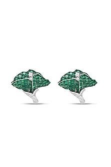 White Rhodium Finish Emerald Spinel Stone Stud Earrings In Sterling Silver