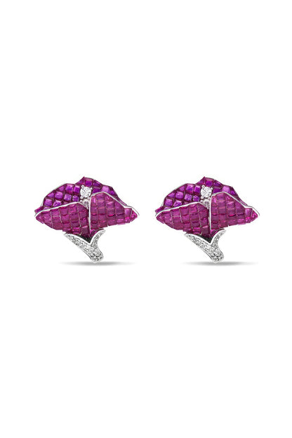 White Rhodium Finish Ruby Spinel Stone Stud Earrings In Sterling Silver
