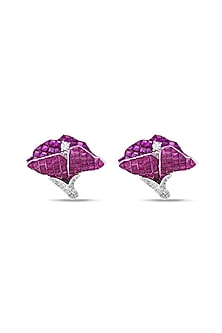 White Rhodium Finish Ruby Spinel Stone Stud Earrings In Sterling Silver