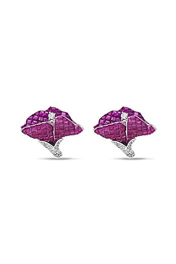 White Rhodium Finish Ruby Spinel Stone Stud Earrings In Sterling Silver