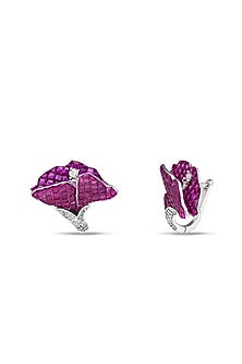 White Rhodium Finish Ruby Spinel Stone Stud Earrings In Sterling Silver
