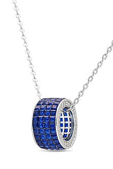 White Rhodium Finish Sapphire Spinel Stone Pendant Necklace In Sterling Silver