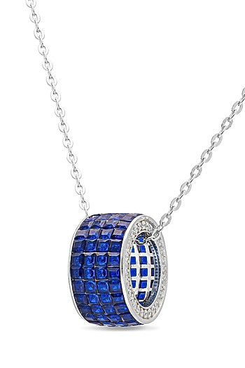 White Rhodium Finish Sapphire Spinel Stone Pendant Necklace In Sterling Silver