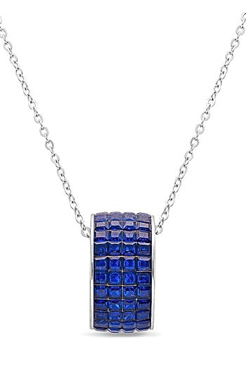White Rhodium Finish Sapphire Spinel Stone Pendant Necklace In Sterling Silver