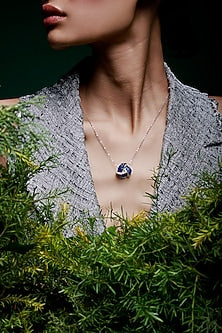White Rhodium Finish Sapphire Blue Spinel Stone Pendant Necklace In Sterling Silver