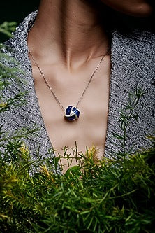 White Rhodium Finish Sapphire Blue Spinel Stone Pendant Necklace In Sterling Silver