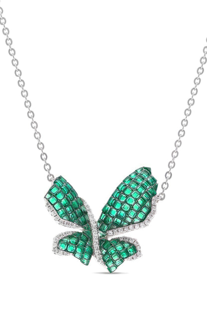 White Rhodium Finish Emerald Spinel Stone Butterfly Pendant Necklace In Sterling Silver