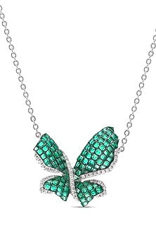 White Rhodium Finish Emerald Spinel Stone Butterfly Pendant Necklace In Sterling Silver