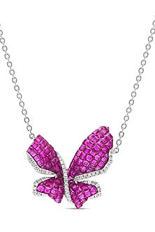 White Rhodium Finish Ruby Spinel Stone Butterfly Pendant Necklace In Sterling Silver