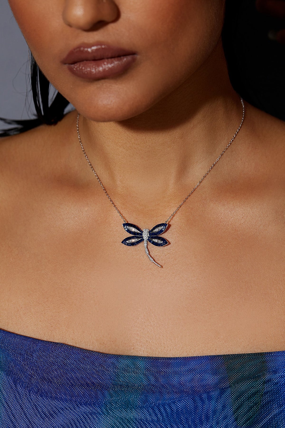 White Rhodium Finish Sapphire Spinel Stone Dragonfly Pendant Necklace In Sterling Silver