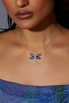 White Rhodium Finish Sapphire Spinel Stone Dragonfly Pendant Necklace In Sterling Silver