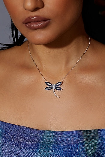 White Rhodium Finish Sapphire Spinel Stone Dragonfly Pendant Necklace In Sterling Silver