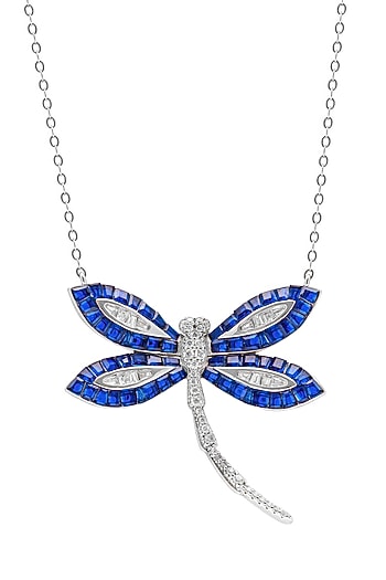 White Rhodium Finish Sapphire Spinel Stone Dragonfly Pendant Necklace In Sterling Silver
