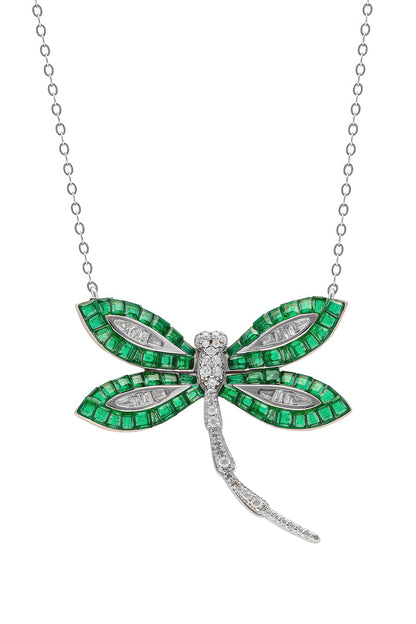 White Rhodium Finish Emerald Spinel Stone Dragonfly Pendant Necklace In Sterling Silver