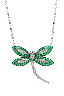 White Rhodium Finish Emerald Spinel Stone Dragonfly Pendant Necklace In Sterling Silver