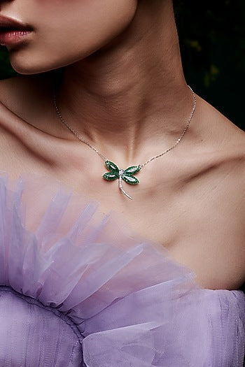 White Rhodium Finish Emerald Spinel Stone Dragonfly Pendant Necklace In Sterling Silver