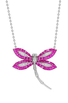 White Rhodium Finish Ruby Spinel Stone Dragonfly Pendant Necklace In Sterling Silver