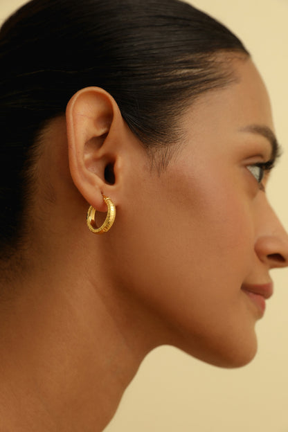 Gold Plated Textured Small Hoop Earrings In Sterling Silver